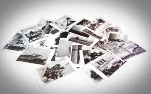 Verstreute Schwarz-Weiß-Fotografien mit Vignetteneffekt auf einer weißen Fläche.