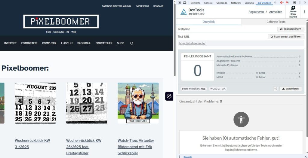 Test-Ergebnis des Barrierechecks mit AxeDevTool