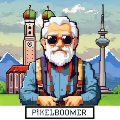 8bit Pixelgrafik zeigt einen alten Mann mit weißen Bart, cooler Sonnenbrille.