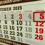 Nahaufnahme eines Kalenderblatts, bei dem der 5.10.2025 markiert ist